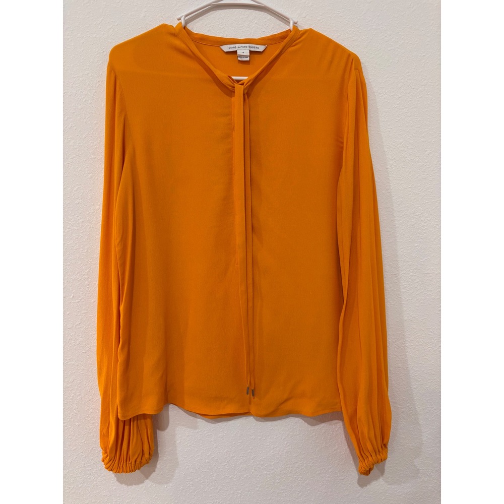 DVF Diane von Furstenberg Yellow Blouse Tie Neck Long Sleeve Crepe Size 6